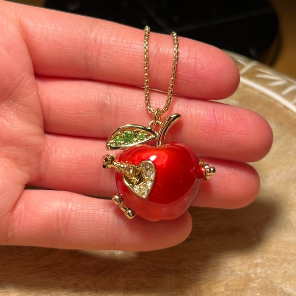 Betsey Johnson Gold Tone Back To School Red Apple Worm Locket Pendant Necklace - Picture 12 of 16